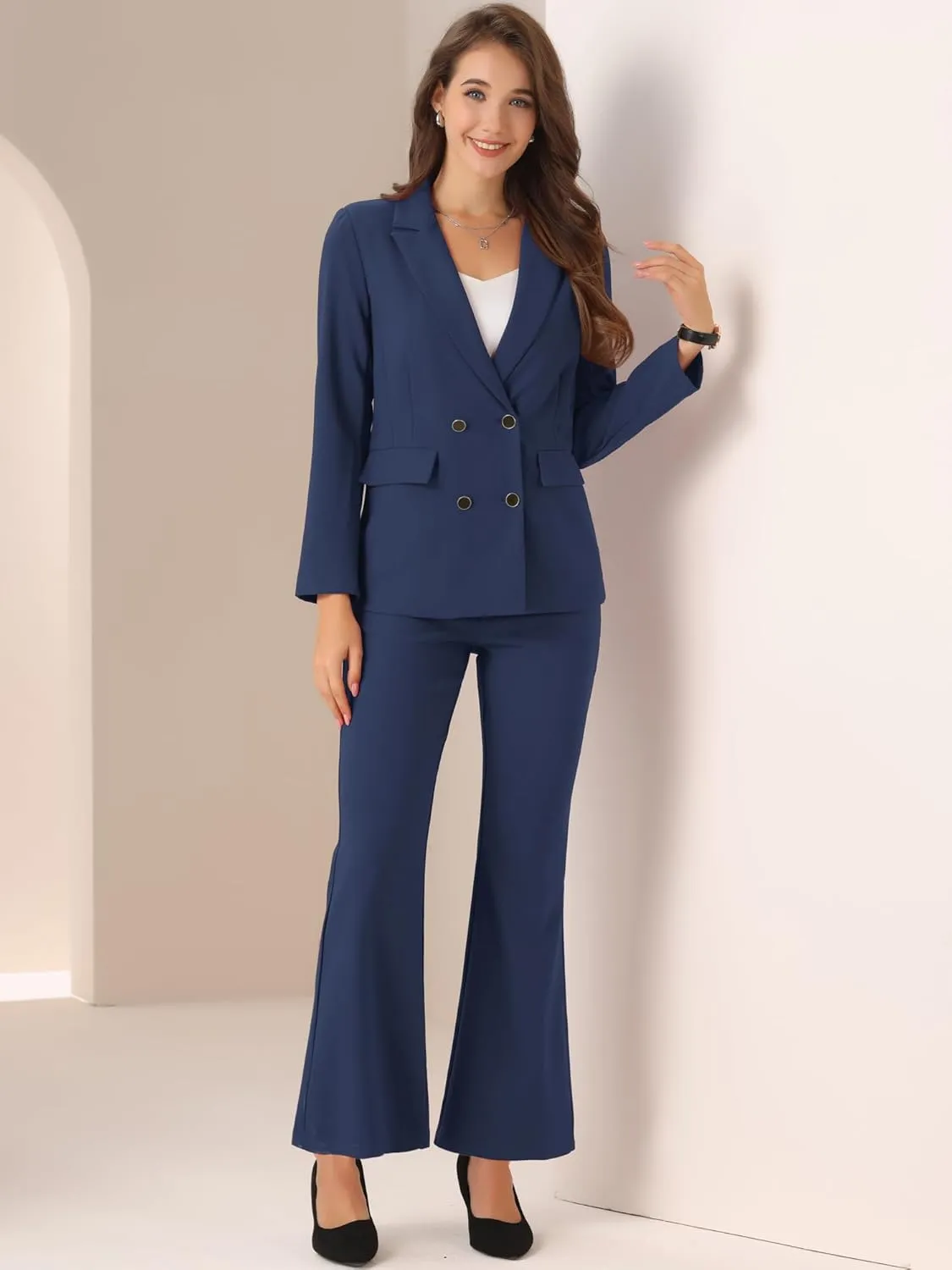 Allegra K 2 Piece Work Suit for Women's Business Formal Double-Breasted Blazer and Pants Set