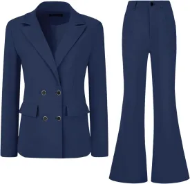 Allegra K 2 Piece Work Suit for Women's Business Formal Double-Breasted Blazer and Pants Set