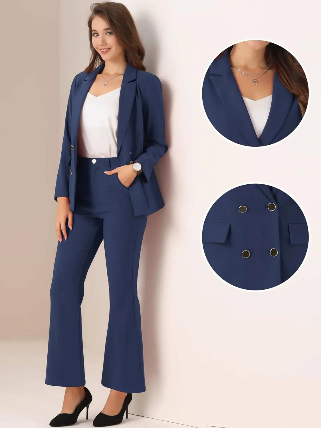Allegra K 2 Piece Work Suit for Women's Business Formal Double-Breasted Blazer and Pants Set