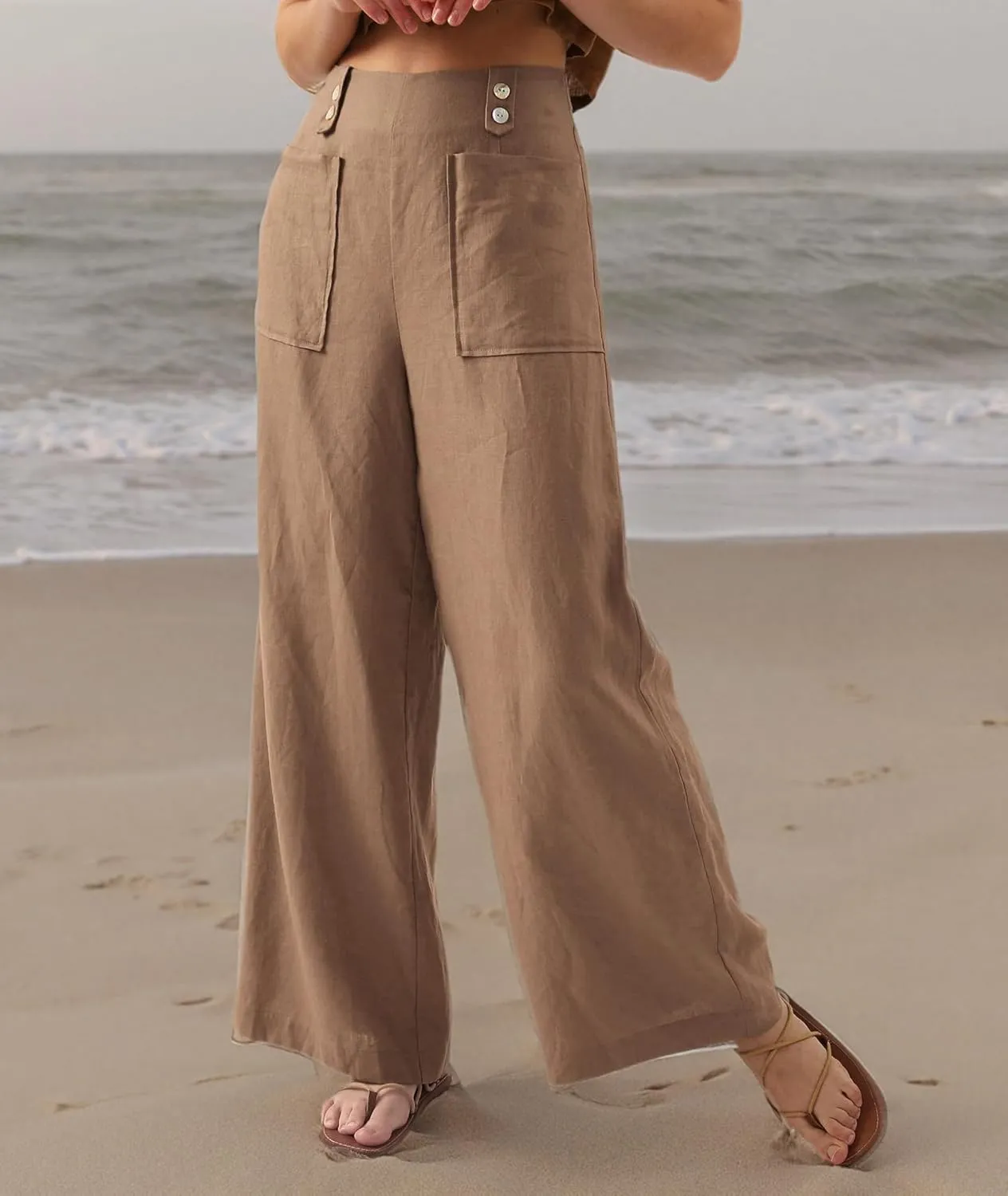 Amazhiyu Womens Pure Linen High Waist Wide Leg Pants with Pockets for Casual Summer