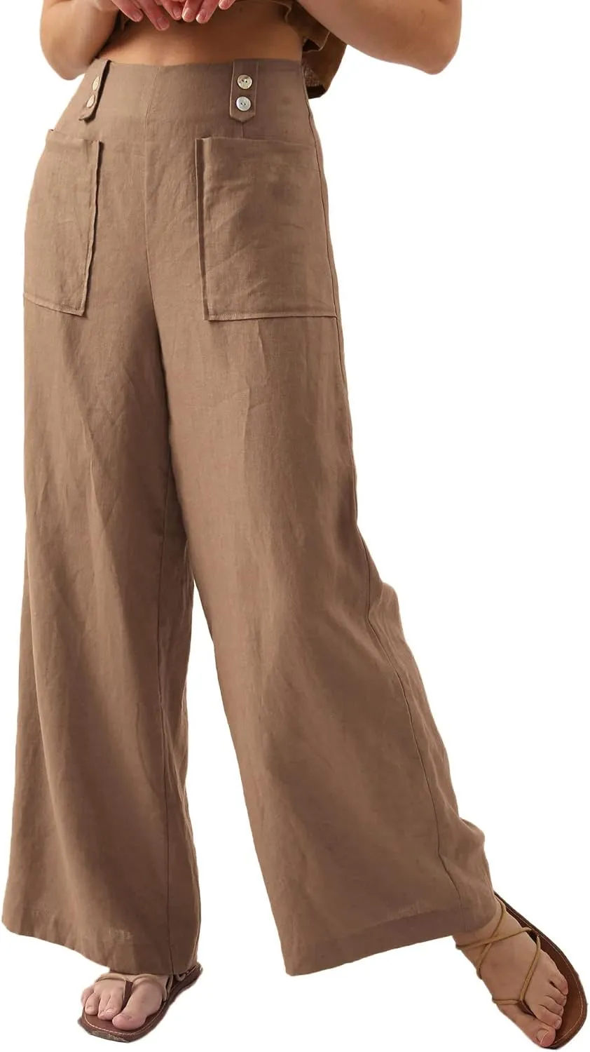 Amazhiyu Womens Pure Linen High Waist Wide Leg Pants with Pockets for Casual Summer