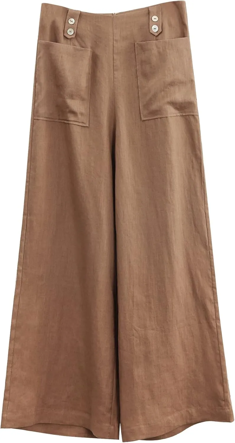 Amazhiyu Womens Pure Linen High Waist Wide Leg Pants with Pockets for Casual Summer
