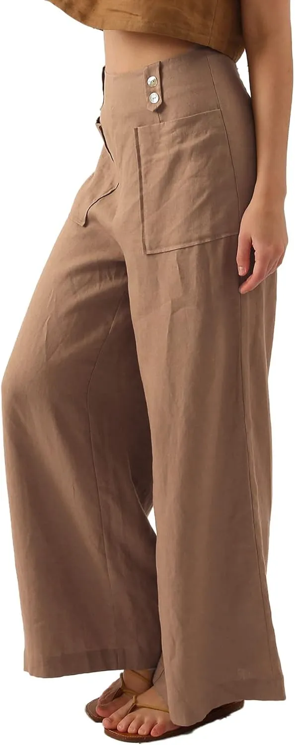 Amazhiyu Womens Pure Linen High Waist Wide Leg Pants with Pockets for Casual Summer