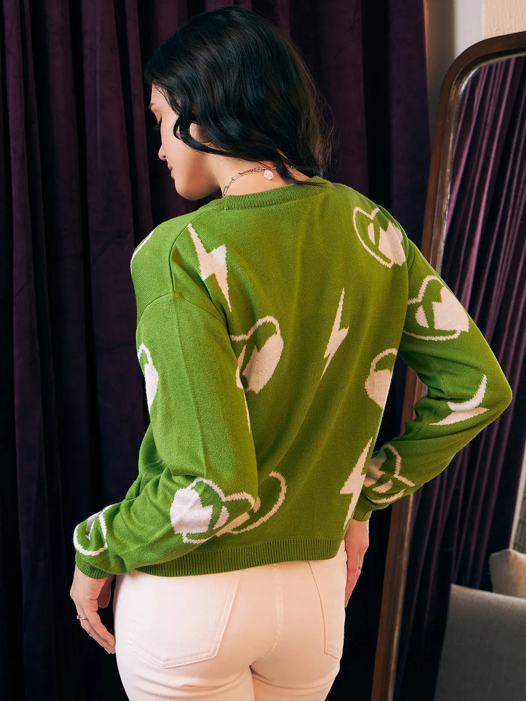 Berrylush Women Green & White Graphic Printed Round Neck Drop-Shoulder Sleeves Acrylic Ribbed Hem Knitted Regular Sweater