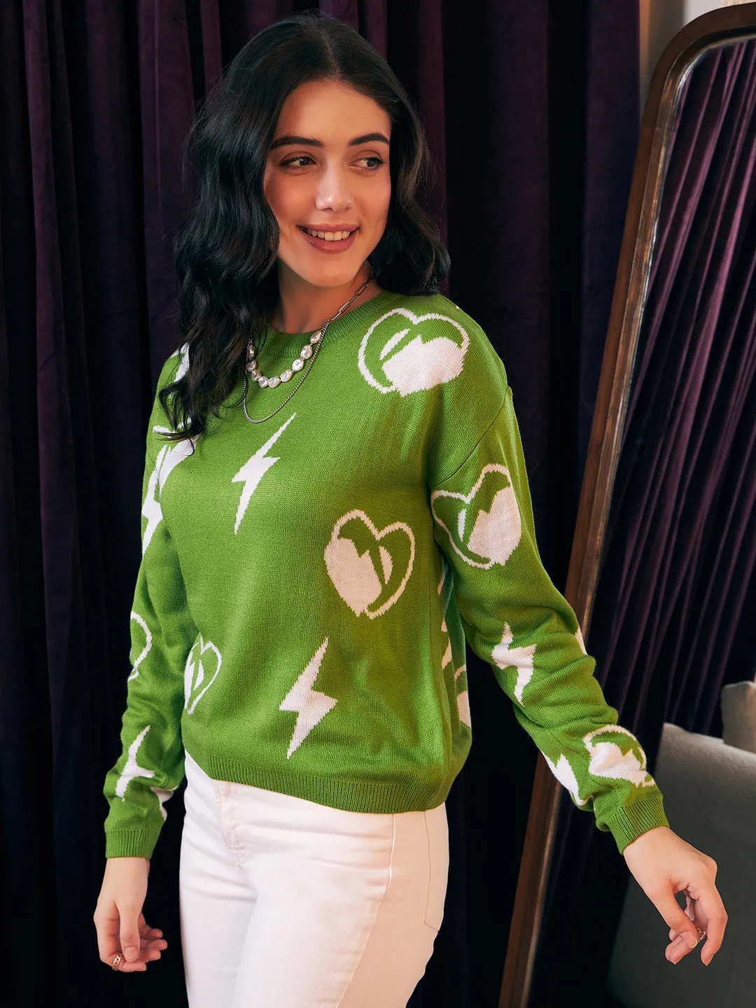Berrylush Women Green & White Graphic Printed Round Neck Drop-Shoulder Sleeves Acrylic Ribbed Hem Knitted Regular Sweater