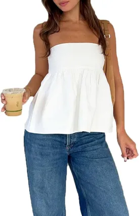 Bocymolay Women Strapless Peplum Top Ruffle Hem Tube Bandeau Top Backless Sleeveless Tank Top Summer Going Out