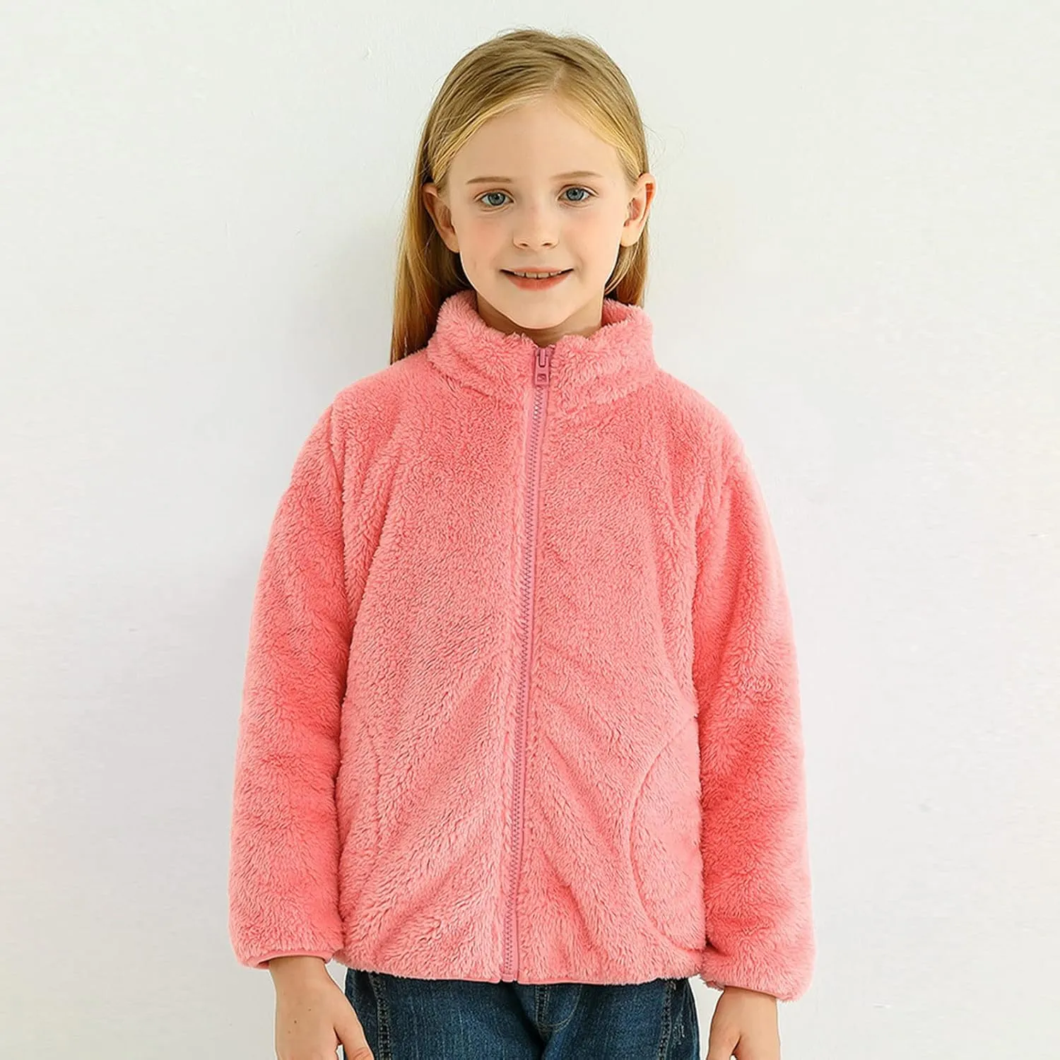 Boys Girls Fuzzy Fleece Jacket Winter Coat Sherpa Fleece Sweatshirt Fall Teddy Coat Kids Lightweight Windproof Jacket