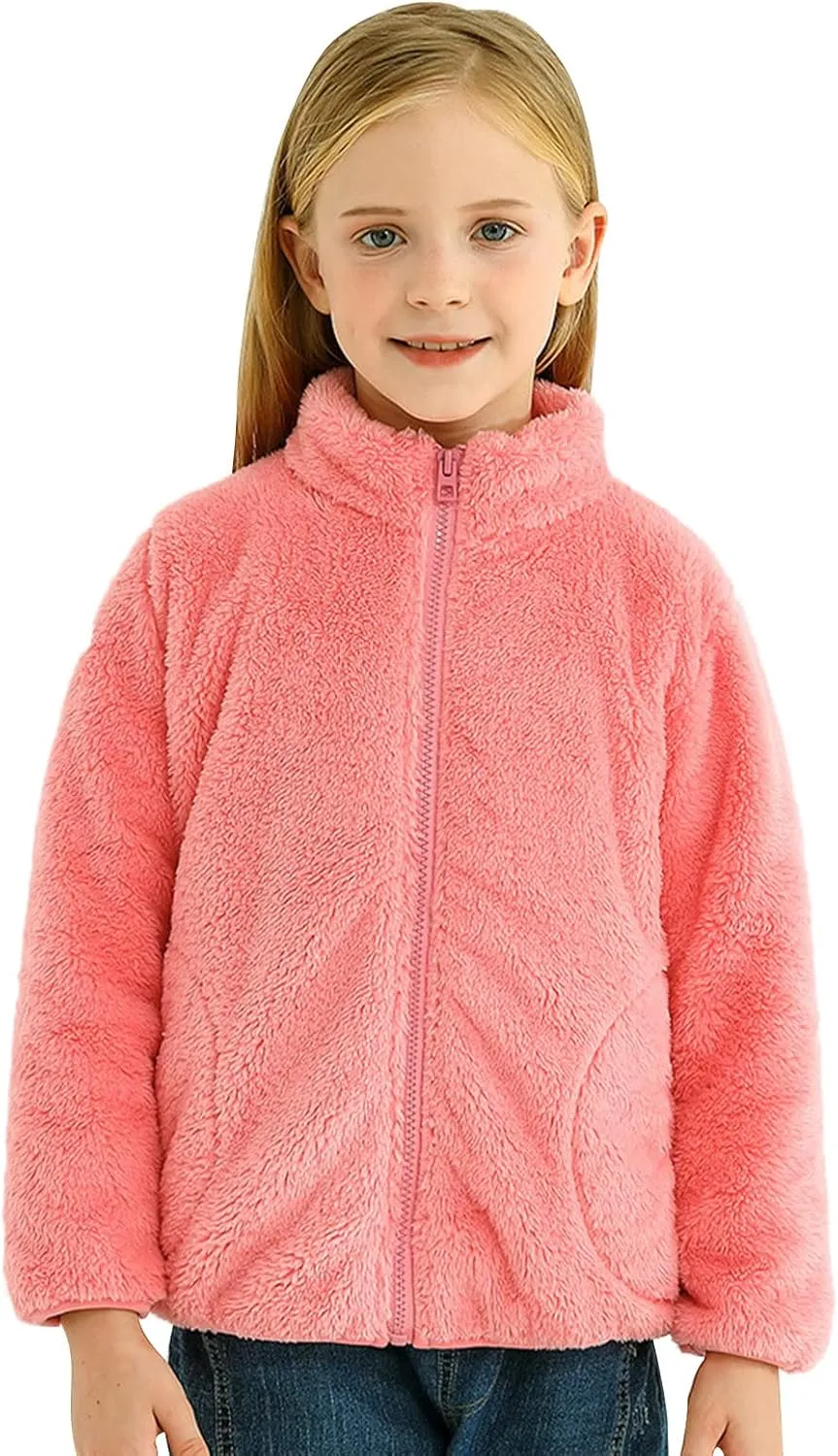 Boys Girls Fuzzy Fleece Jacket Winter Coat Sherpa Fleece Sweatshirt Fall Teddy Coat Kids Lightweight Windproof Jacket