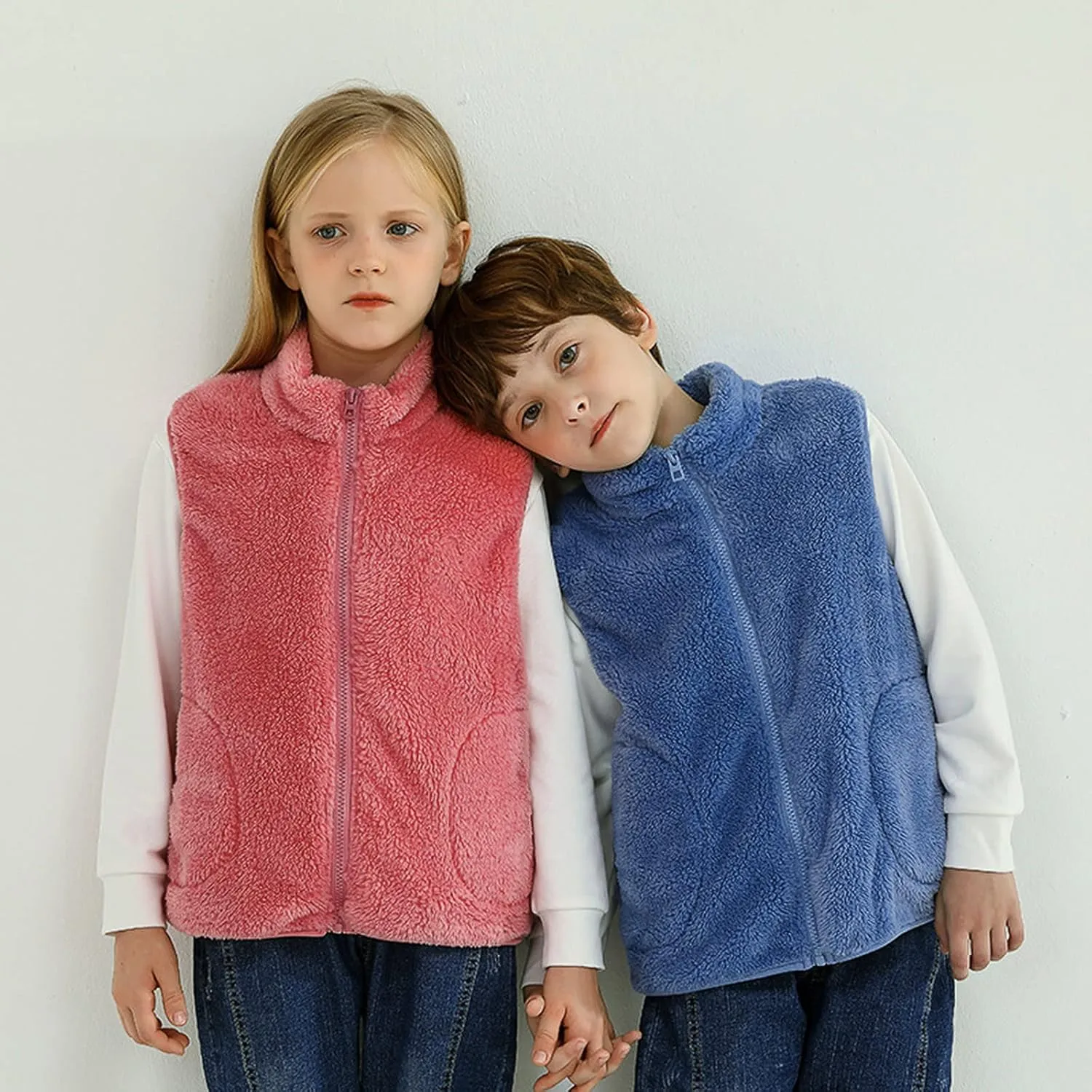 Boys Girls Sherpa Fleece Vest Full Zip Collar Sleeveless Jacket Kids Lightweight Windproof Coat Winter Warm Waistcoat