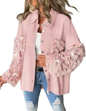 CHICME Women's Casual Oversized Button Down Corduroy Shirt Jacket Long Sleeve Shacket with Fringe
