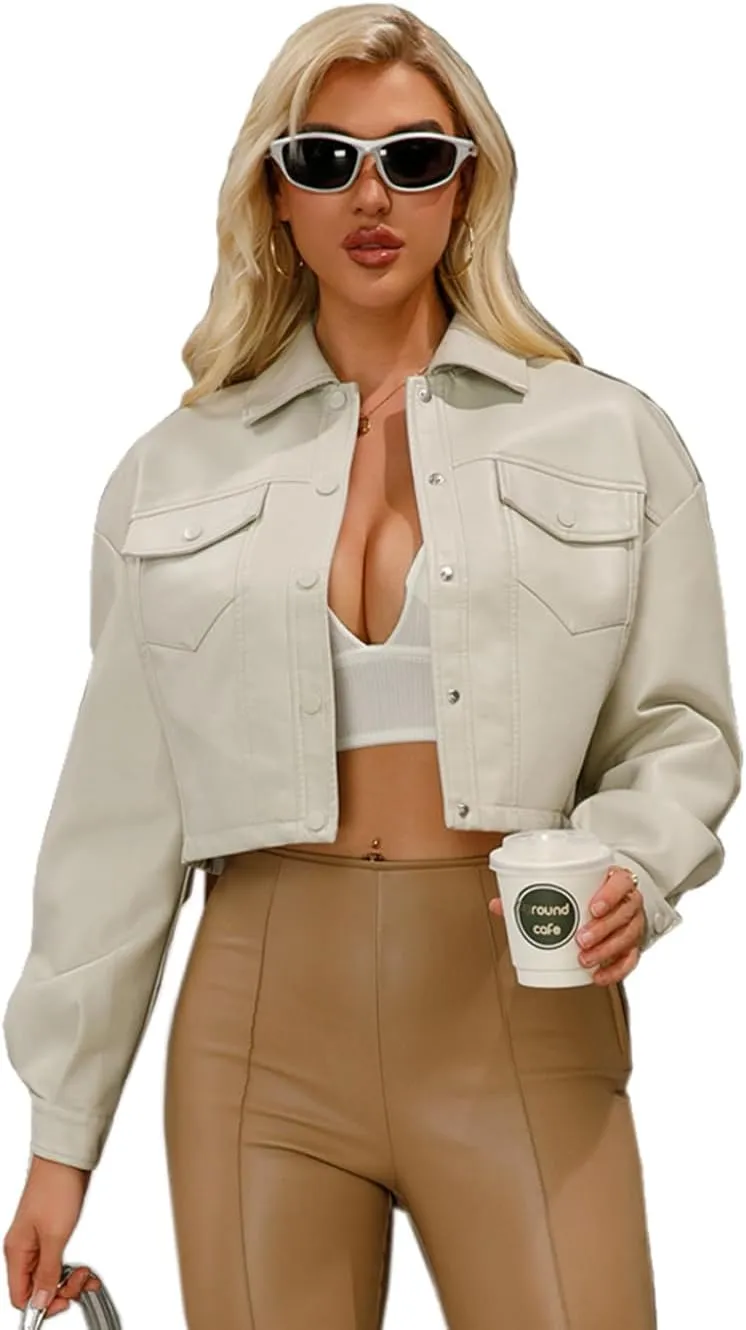 CHIGUO Women Faux Leather Cropped Jacket Trendy Moto Biker Short Jacket Fashion PU Coat Party Jacket