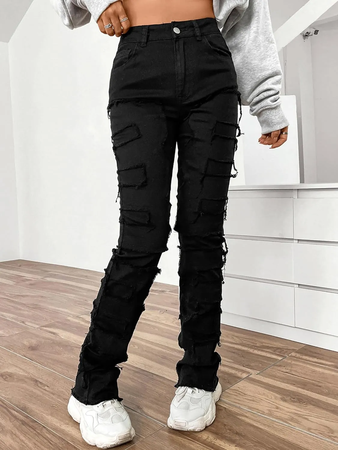 Conshvi Stacked Jeans for Women Straight Leg Jeans Mid Rise Slim Fit Distressed Patchwork Jeans Trendy Stretchy Denim Pants