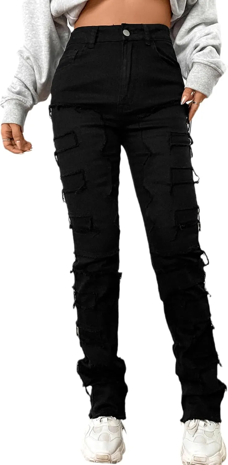 Conshvi Stacked Jeans for Women Straight Leg Jeans Mid Rise Slim Fit Distressed Patchwork Jeans Trendy Stretchy Denim Pants