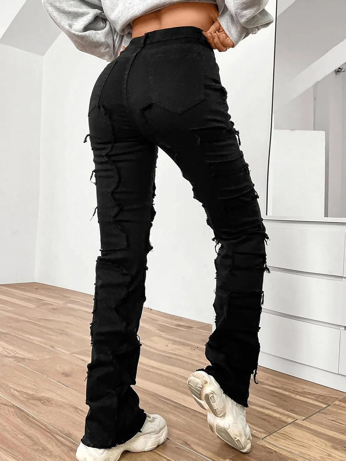Conshvi Stacked Jeans for Women Straight Leg Jeans Mid Rise Slim Fit Distressed Patchwork Jeans Trendy Stretchy Denim Pants