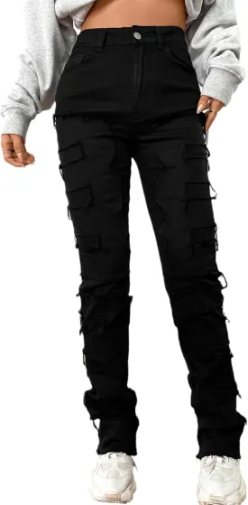 Conshvi Stacked Jeans for Women Straight Leg Jeans Mid Rise Slim Fit Distressed Patchwork Jeans Trendy Stretchy Denim Pants
