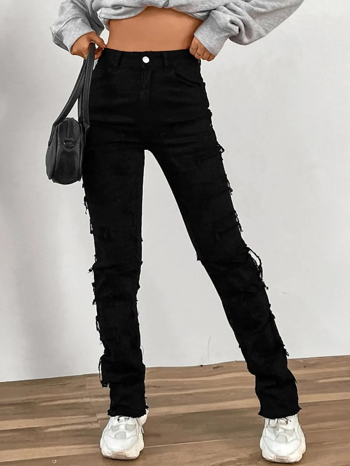 Conshvi Stacked Jeans for Women Straight Leg Jeans Mid Rise Slim Fit Distressed Patchwork Jeans Trendy Stretchy Denim Pants
