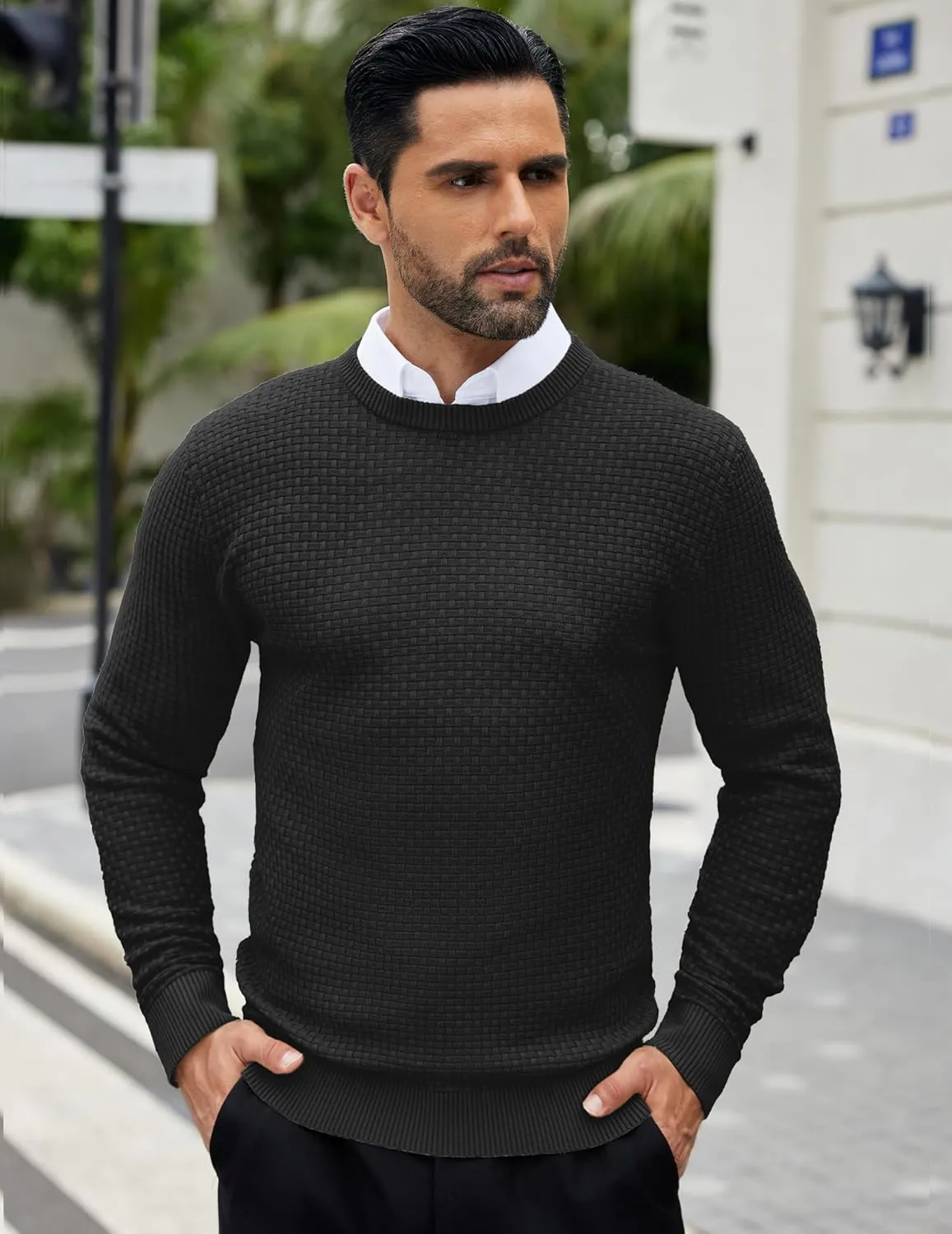 COOFANDY Men Dress Crewneck Sweater Pullover Knit Long Sleeve Casual Slim Fit Sweater