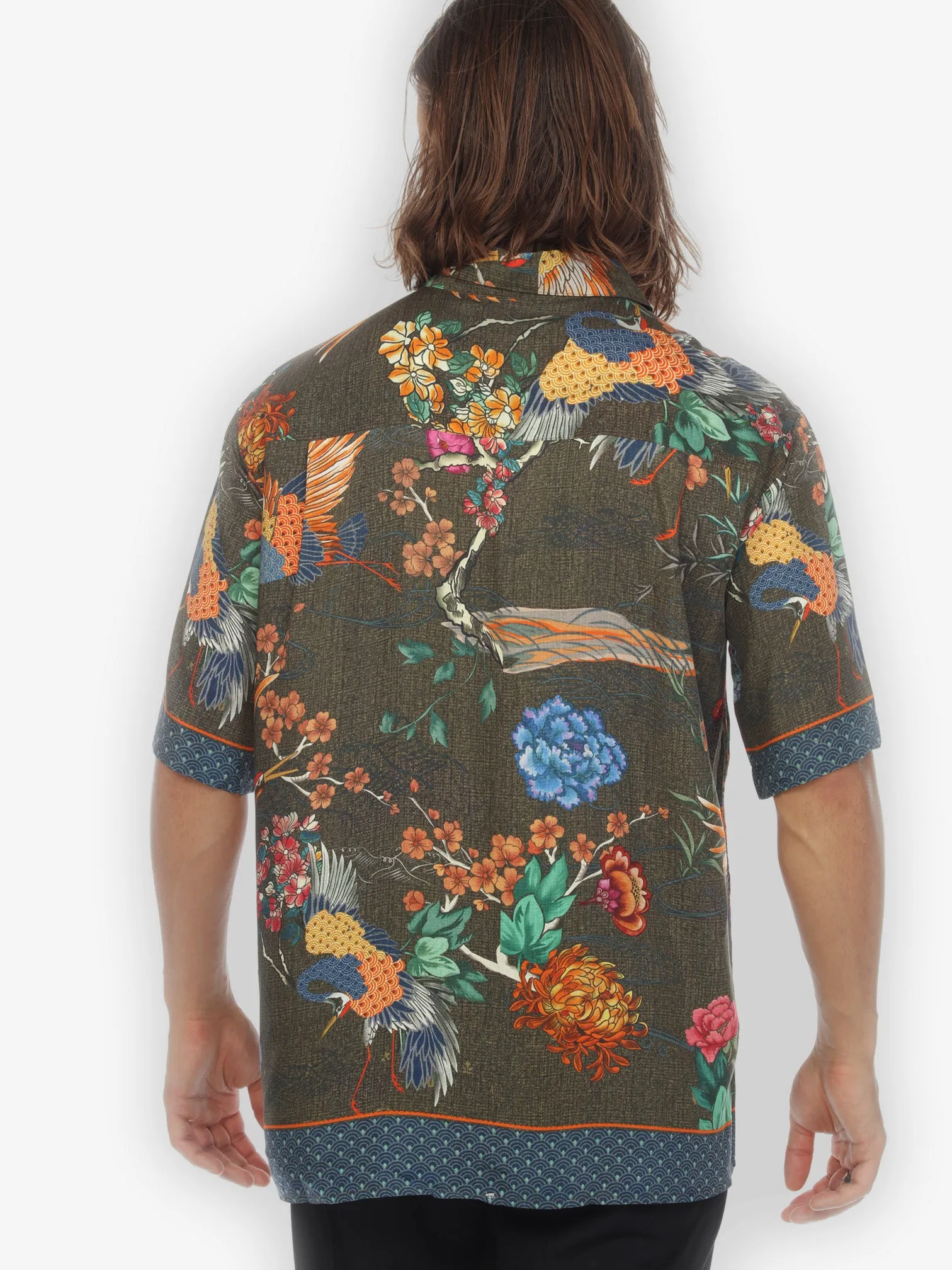 Crane with Landscape Olive Men’s Shirt