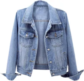 Cyparel Women Basic Denim Jacket Button Down Long Sleeve Distressed Ripped Boyfriend Jean Jacket