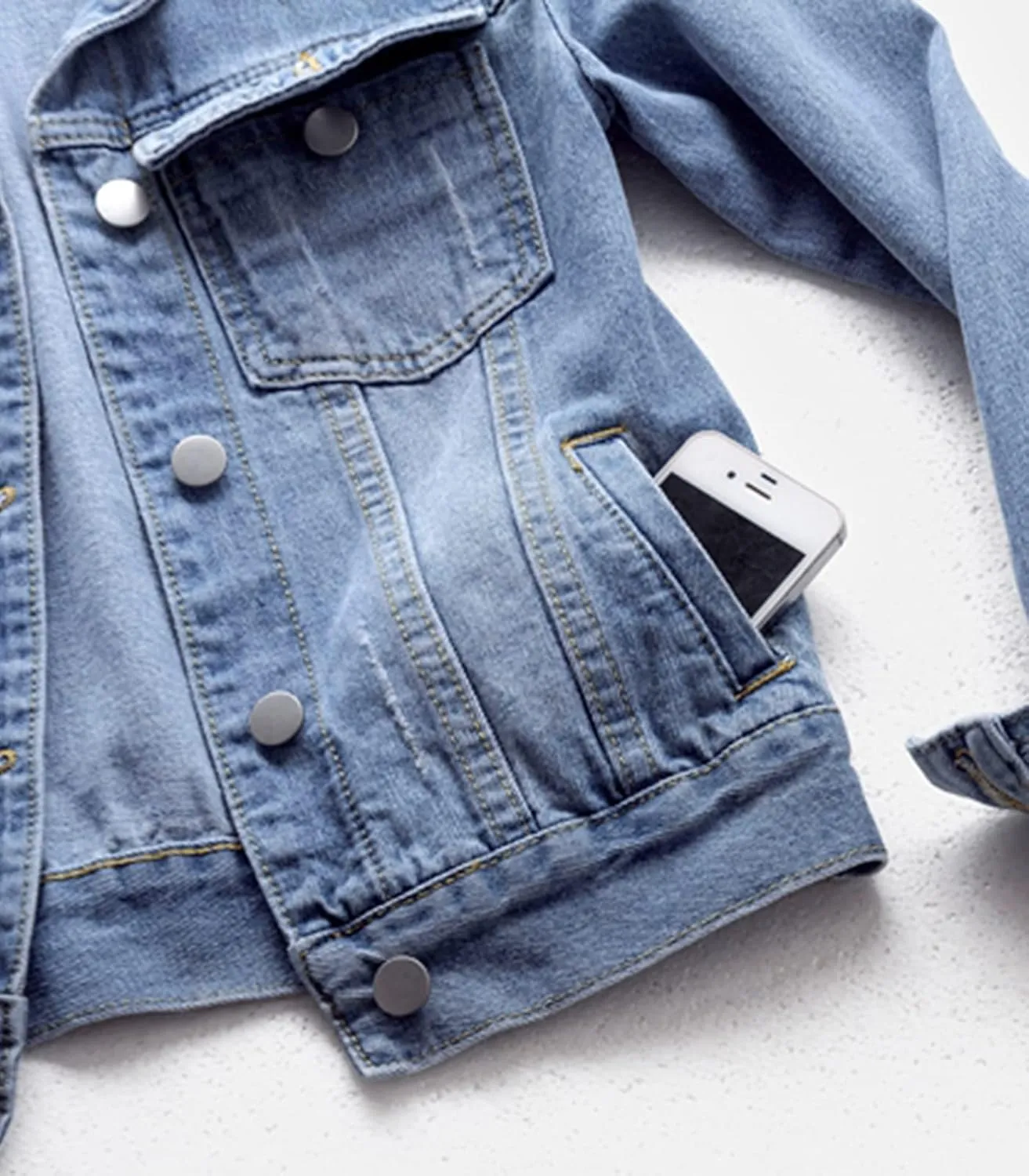 Cyparel Women Basic Denim Jacket Button Down Long Sleeve Distressed Ripped Boyfriend Jean Jacket