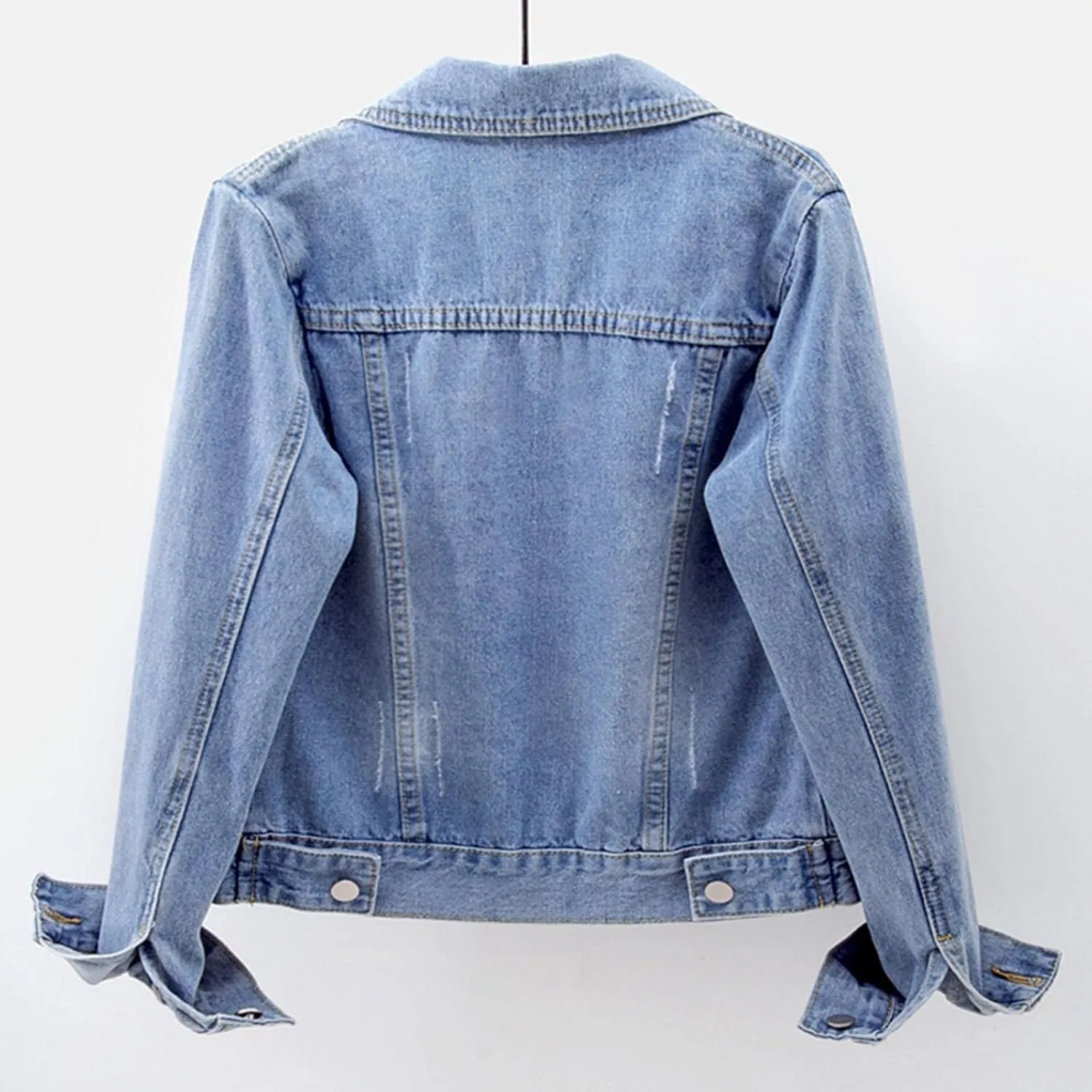 Cyparel Women Basic Denim Jacket Button Down Long Sleeve Distressed Ripped Boyfriend Jean Jacket