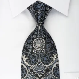 Daniel Hechter Silk Necktie Silver Damask On Black Sparkling With Rhinestones