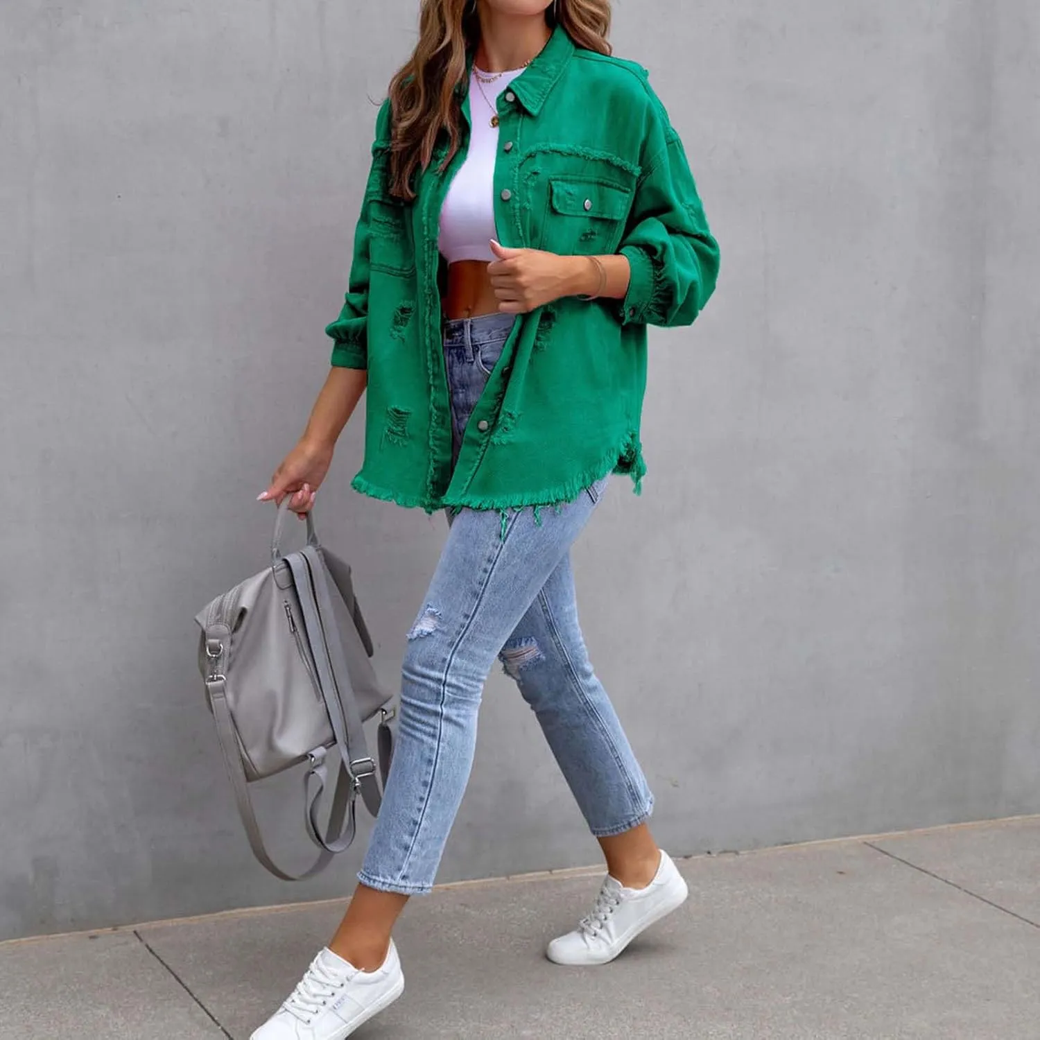 Denim Jacket for Women Oversized Frayed Hem Jean Jacket Ripped Distressed Shacket Casual Button Down Boyfriend Shirt