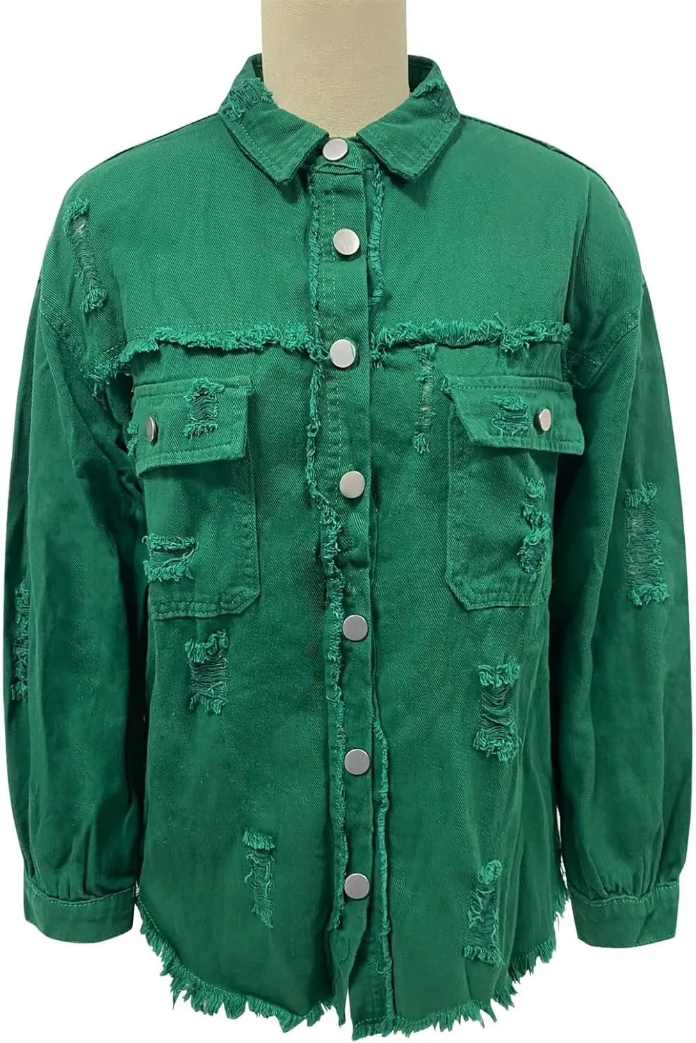 Denim Jacket for Women Oversized Frayed Hem Jean Jacket Ripped Distressed Shacket Casual Button Down Boyfriend Shirt