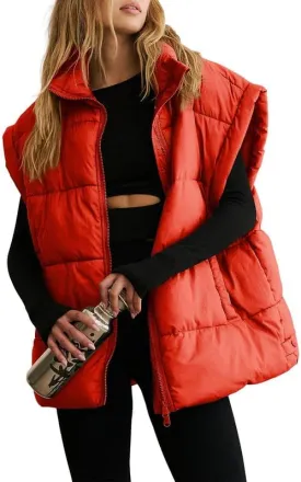 Dokotoo Women's Casual Winter Oversized Puffer Vest Stand Collar Flysleeve Insulated Padded Puffy Jackets Coat with Pockets