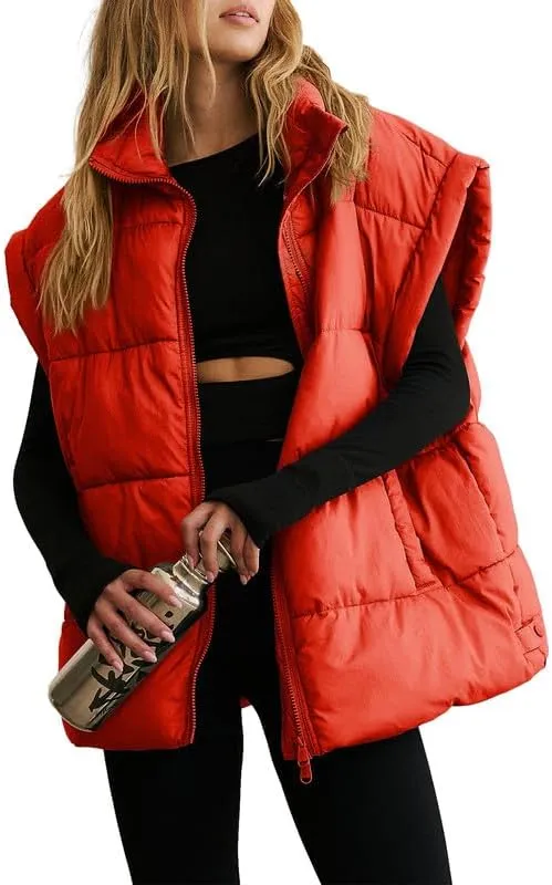 Dokotoo Women's Casual Winter Oversized Puffer Vest Stand Collar Flysleeve Insulated Padded Puffy Jackets Coat with Pockets