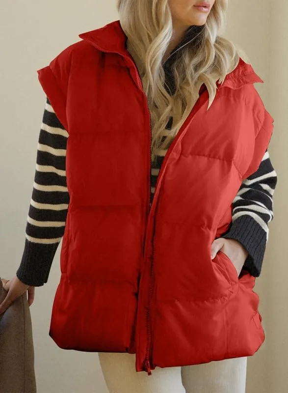 Dokotoo Women's Casual Winter Oversized Puffer Vest Stand Collar Flysleeve Insulated Padded Puffy Jackets Coat with Pockets