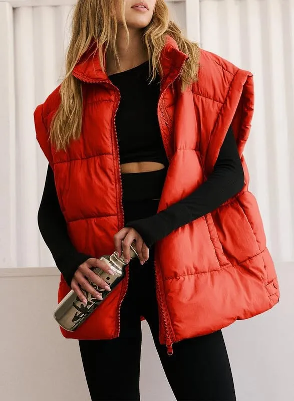 Dokotoo Women's Casual Winter Oversized Puffer Vest Stand Collar Flysleeve Insulated Padded Puffy Jackets Coat with Pockets