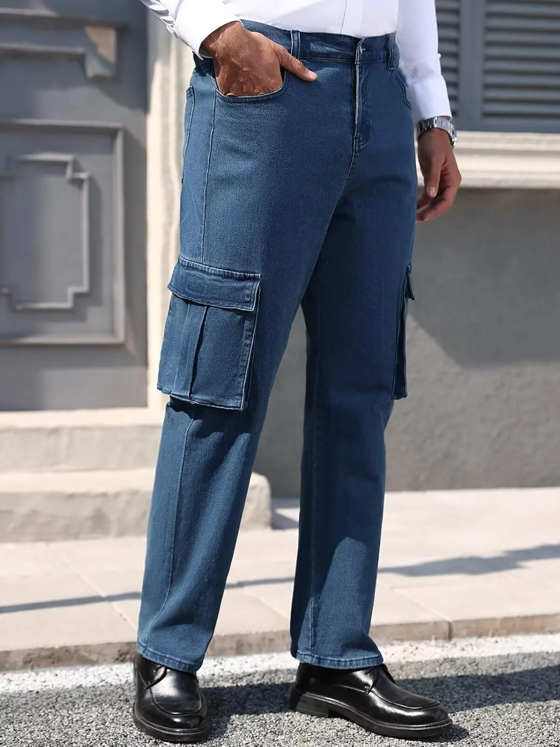 EDITCOZY Men's Cargo Jeans Elastic Waist 6 Pockets Loose Fit Carpenter Jeans Straight Leg Relaxed Fit Pants