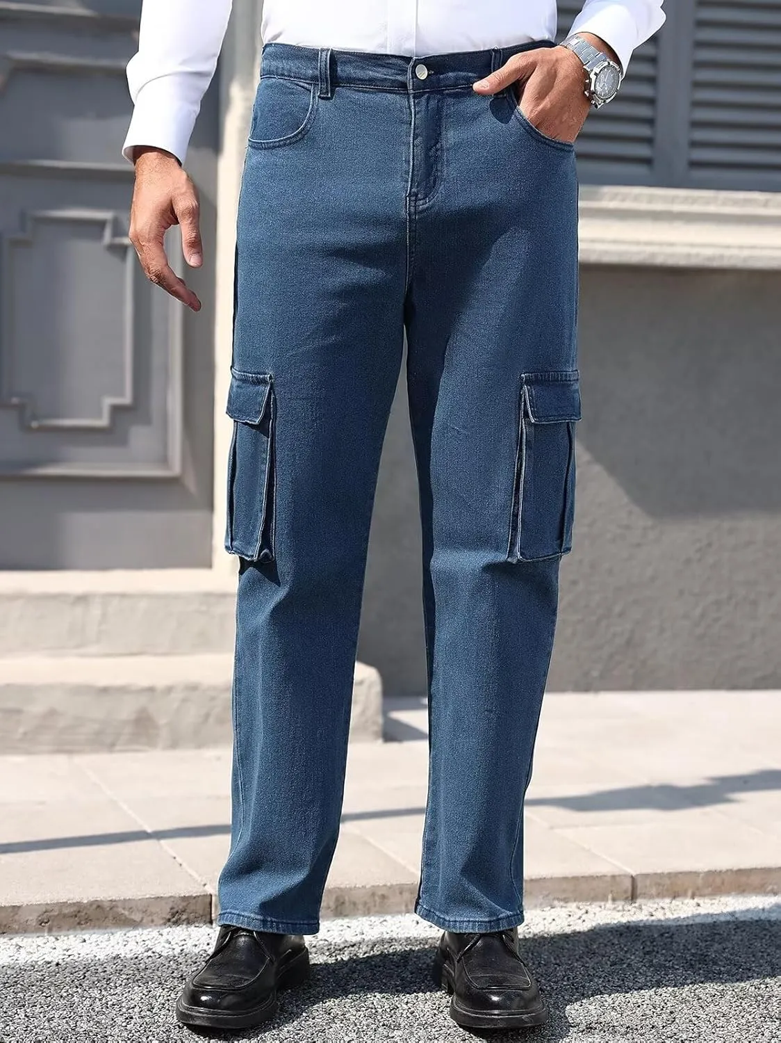 EDITCOZY Men's Cargo Jeans Elastic Waist 6 Pockets Loose Fit Carpenter Jeans Straight Leg Relaxed Fit Pants