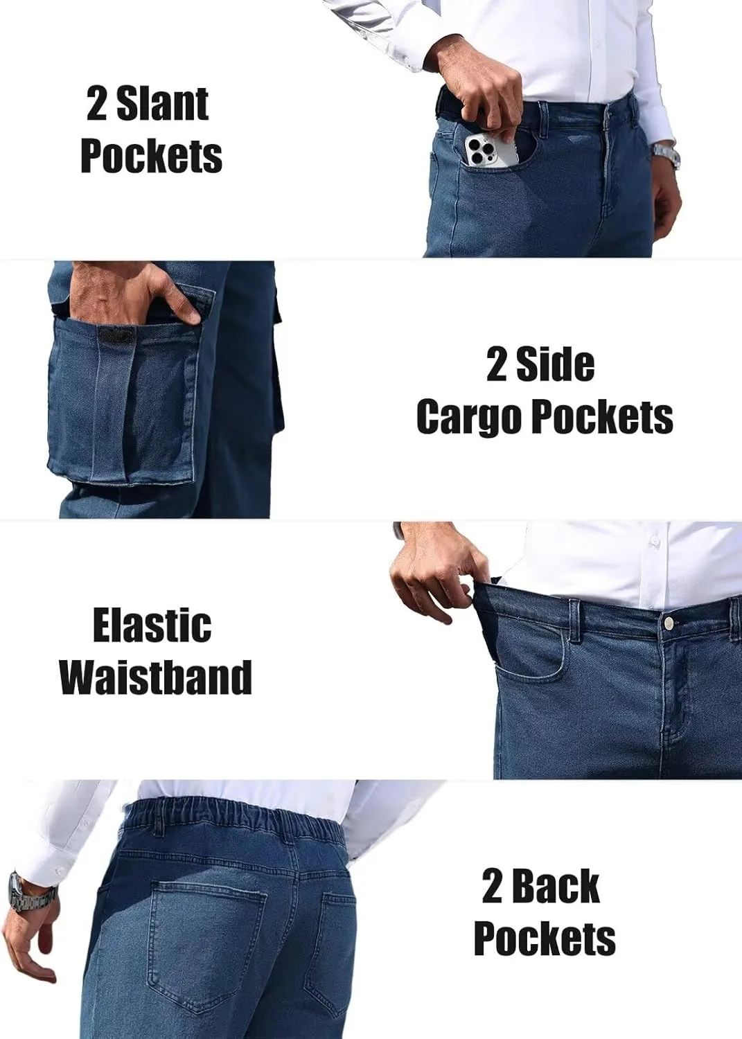 EDITCOZY Men's Cargo Jeans Elastic Waist 6 Pockets Loose Fit Carpenter Jeans Straight Leg Relaxed Fit Pants