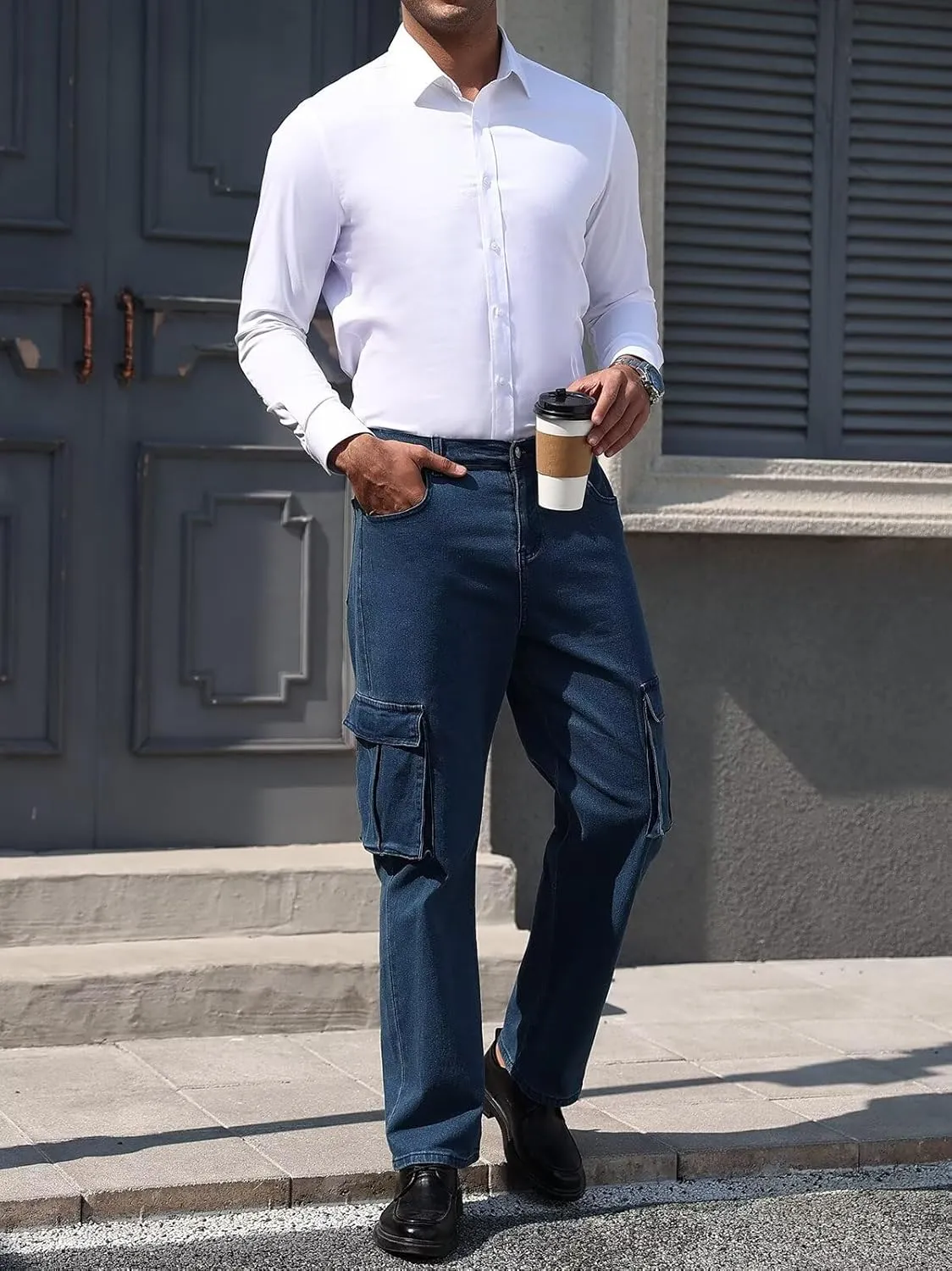 EDITCOZY Men's Cargo Jeans Elastic Waist 6 Pockets Loose Fit Carpenter Jeans Straight Leg Relaxed Fit Pants