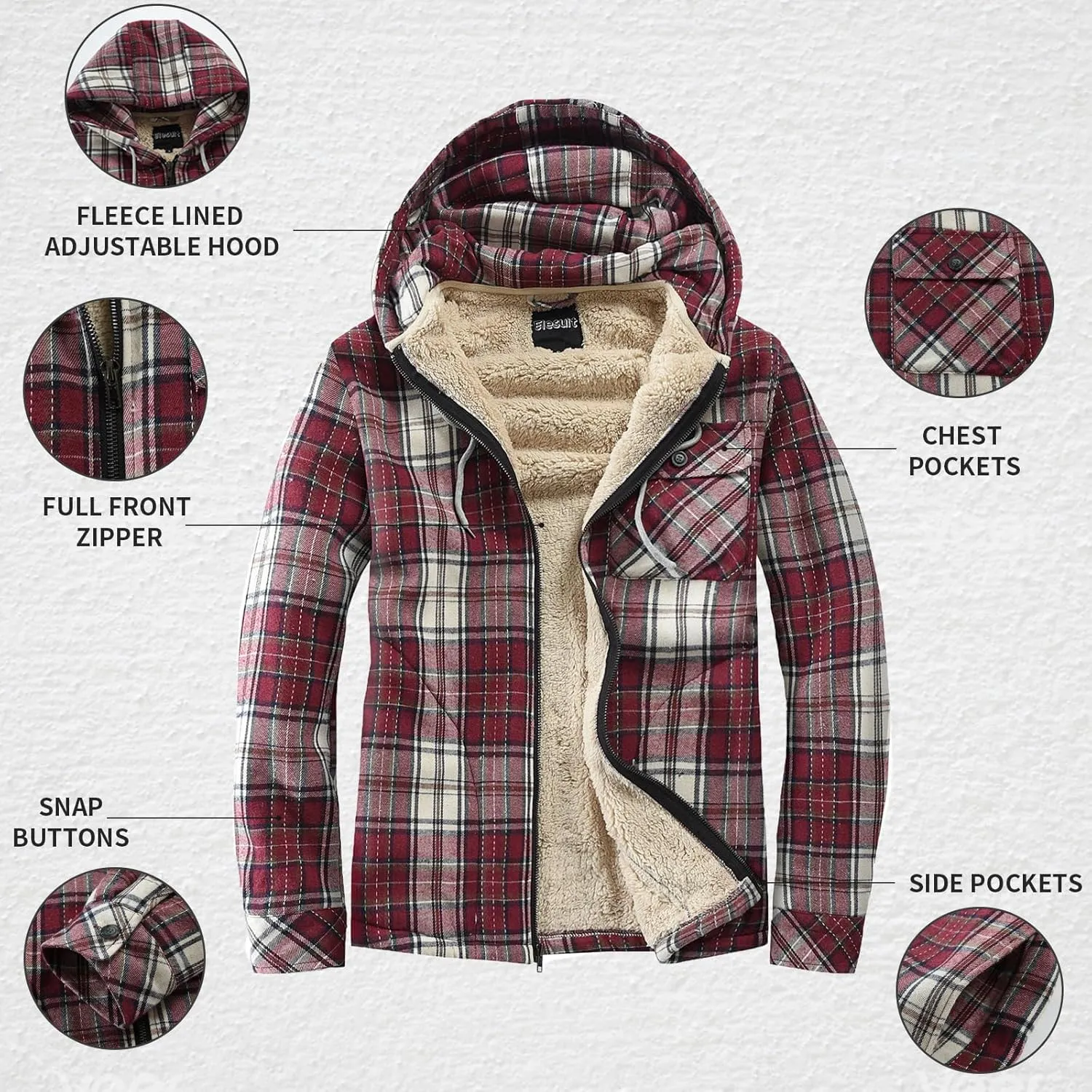 Elesuit Men's Full Zip Fleece Flannel Jackets Shirt Plaid Cotton Hoodies Soft Warm Coat for Men with Hood