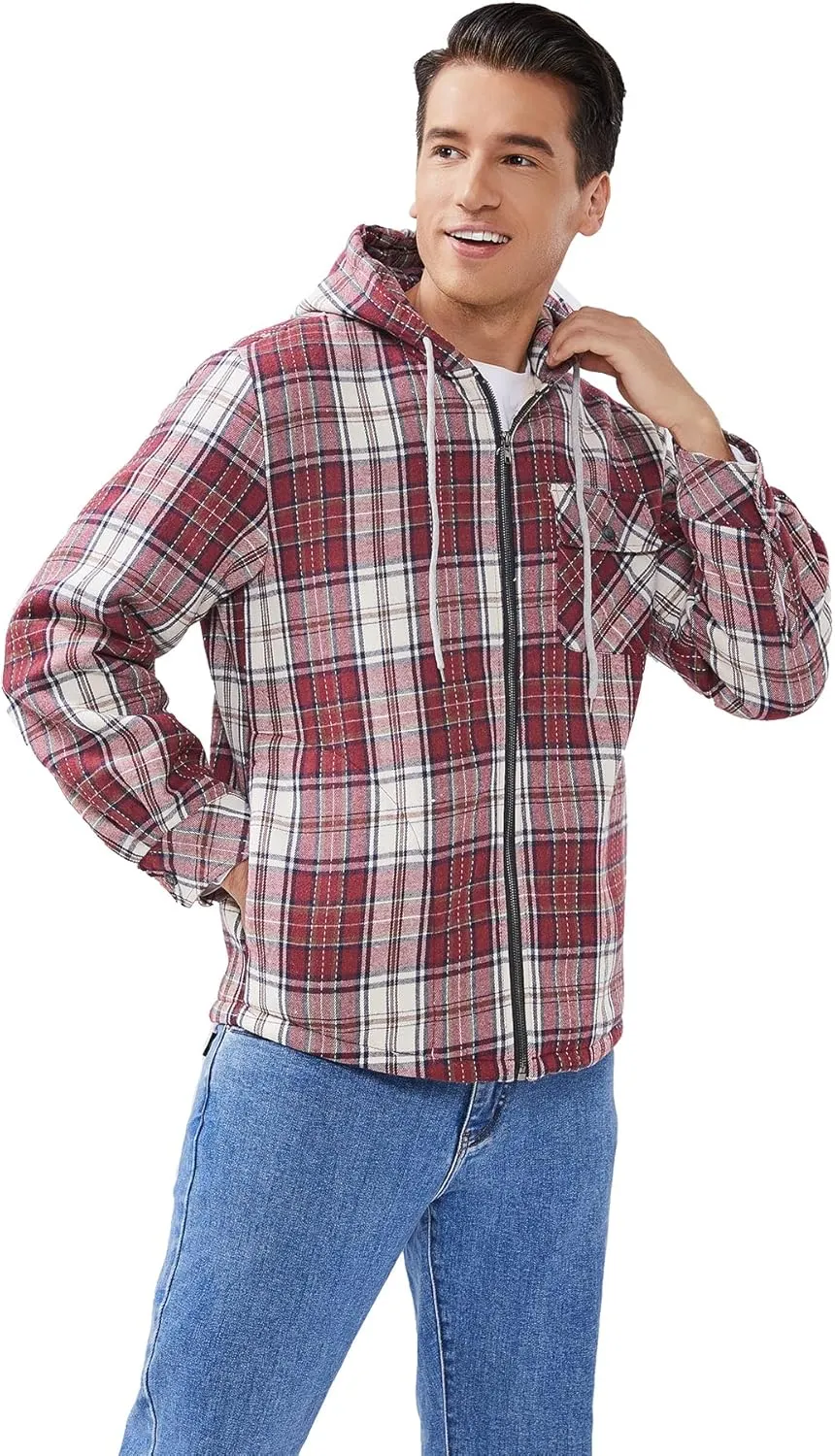 Elesuit Men's Full Zip Fleece Flannel Jackets Shirt Plaid Cotton Hoodies Soft Warm Coat for Men with Hood