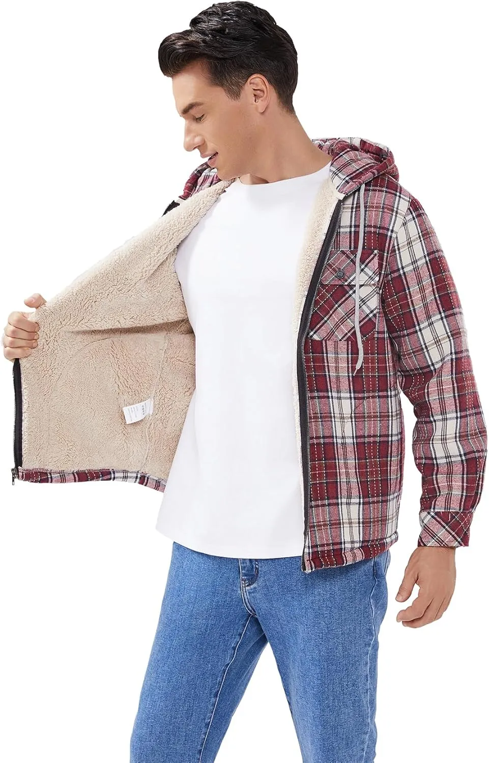 Elesuit Men's Full Zip Fleece Flannel Jackets Shirt Plaid Cotton Hoodies Soft Warm Coat for Men with Hood