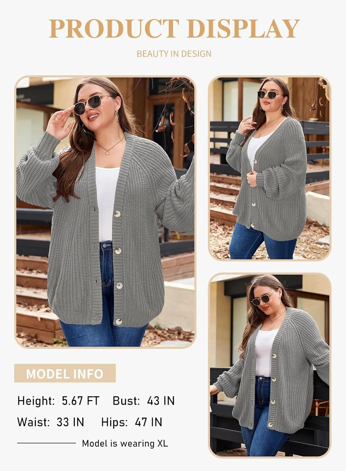 Eytino Womens Plus Size Cardigan Sweater Long Sleeve Button Down Chunky Knit Open Front Cardigans Outwear(1X-5X)