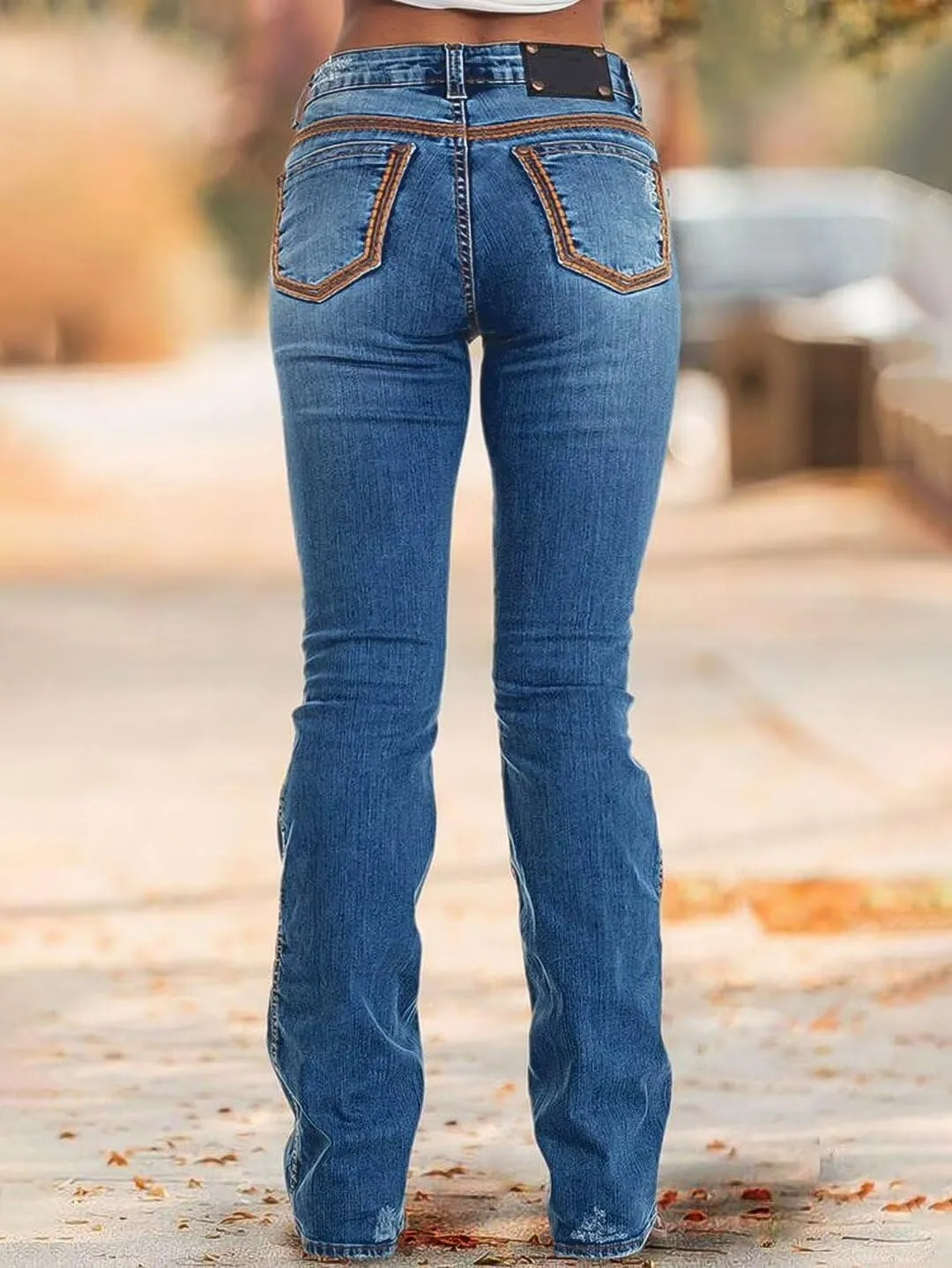 Flamingals Low Rise Bootcut Jeans for Women Wash Contrast Stitch Seam Front Flare Jeans