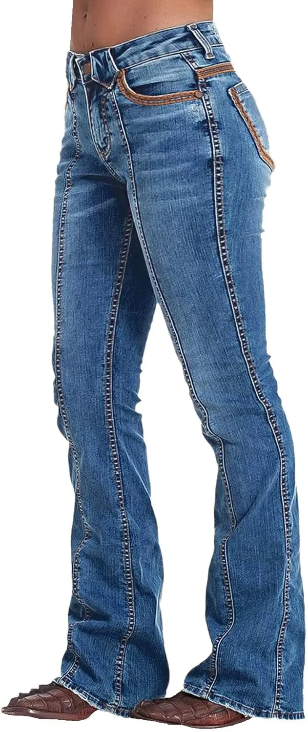 Flamingals Low Rise Bootcut Jeans for Women Wash Contrast Stitch Seam Front Flare Jeans