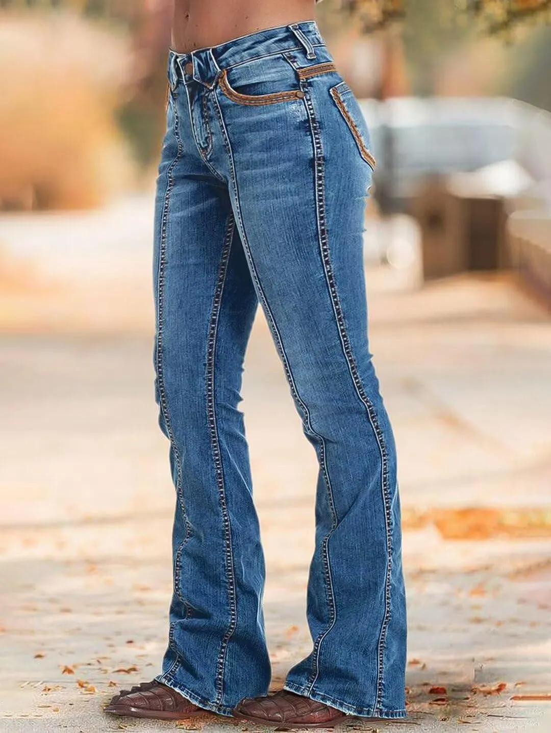 Flamingals Low Rise Bootcut Jeans for Women Wash Contrast Stitch Seam Front Flare Jeans