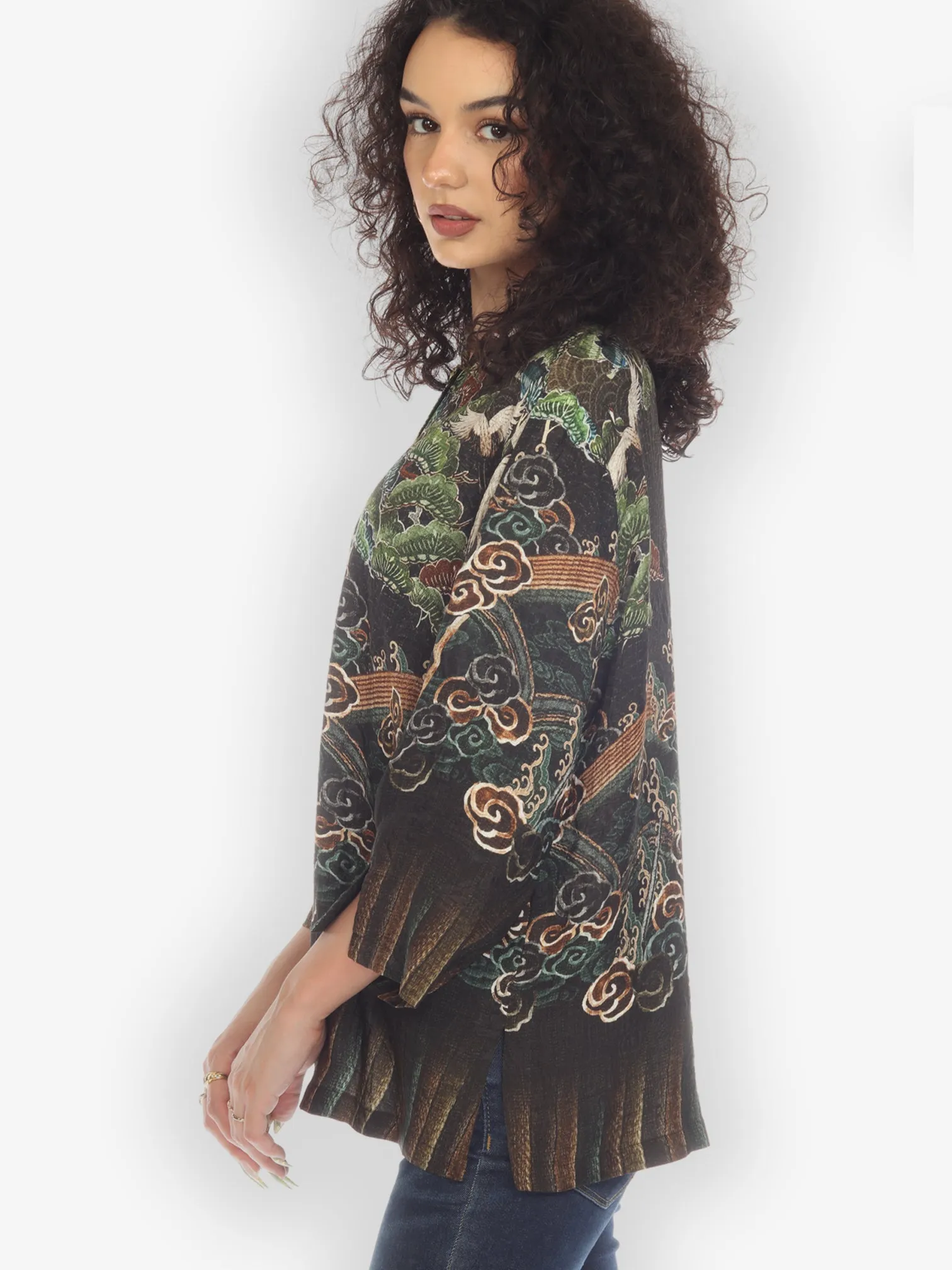 Geometric Waves Border Silk Blouse