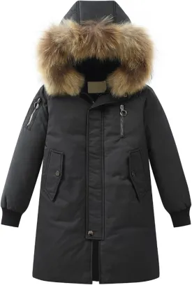 Girls Boys Long Winter Coat Heavyweight Puffer Jacket Insulated Parka with Fu Hooded Padded Down Coat for Kids