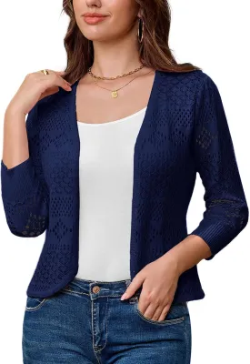 GRACE KARIN Women's 3/4 Sleeve Open Front Cropped Cardigan Summer Lightweight Hollow Out Knit Shrug