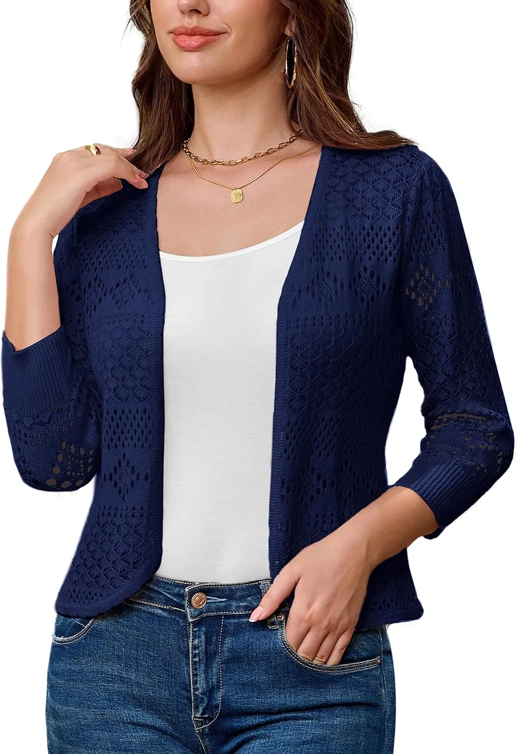 GRACE KARIN Women's 3/4 Sleeve Open Front Cropped Cardigan Summer Lightweight Hollow Out Knit Shrug