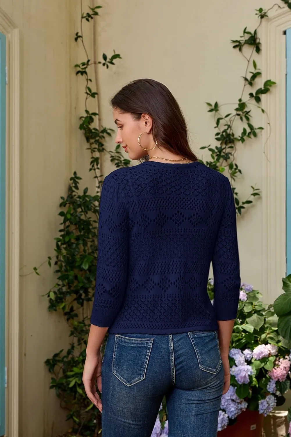 GRACE KARIN Women's 3/4 Sleeve Open Front Cropped Cardigan Summer Lightweight Hollow Out Knit Shrug