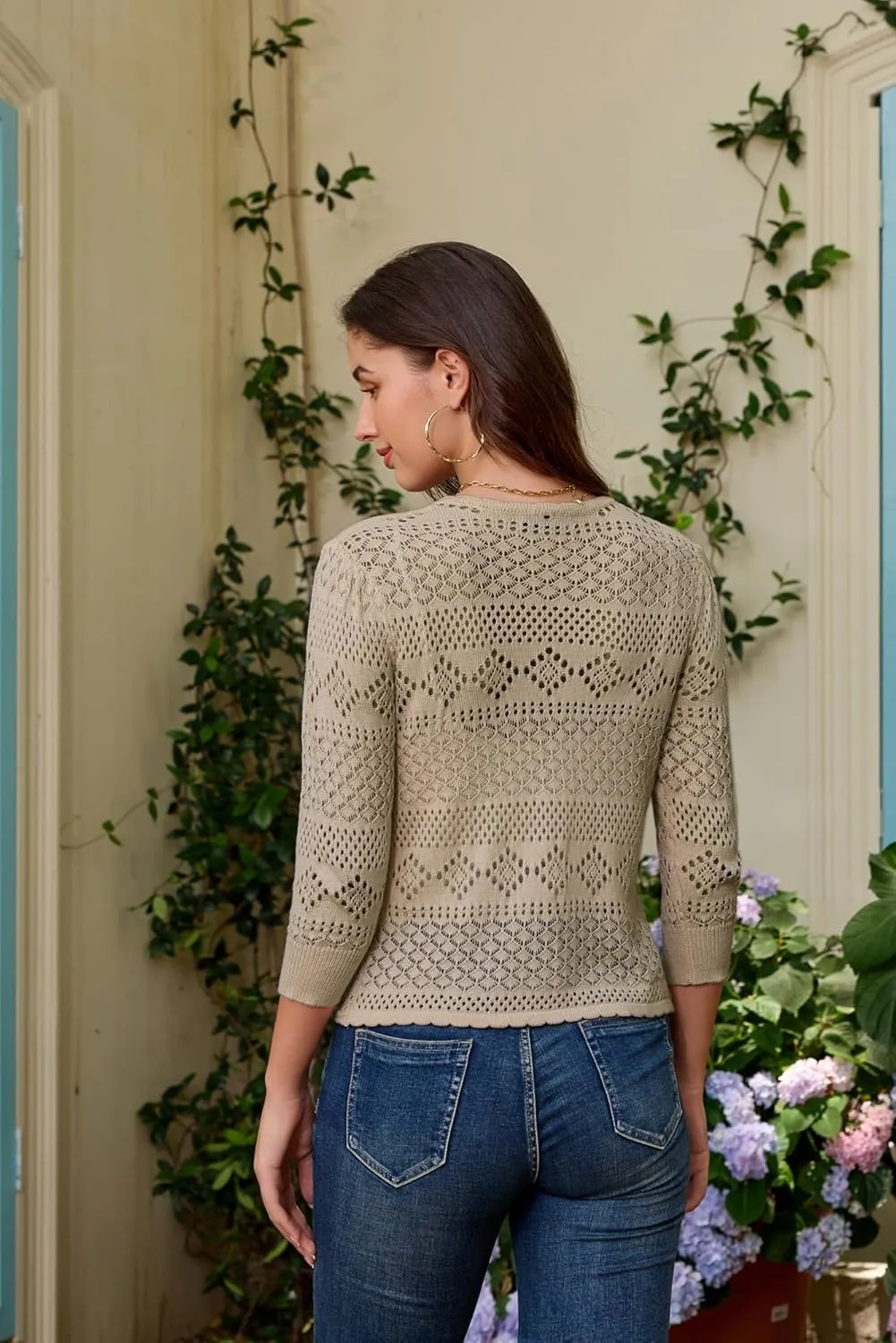 GRACE KARIN Women's 3/4 Sleeve Open Front Cropped Cardigan Summer Lightweight Hollow Out Knit Shrug