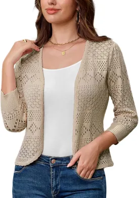 GRACE KARIN Women's 3/4 Sleeve Open Front Cropped Cardigan Summer Lightweight Hollow Out Knit Shrug